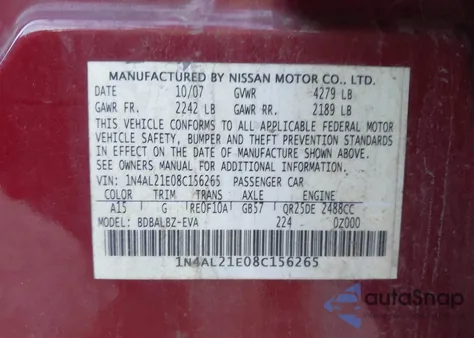 2008 Nissan Altima 2.5 S z USA, uszkodzony, nr VIN 1N4AL21E08C156265